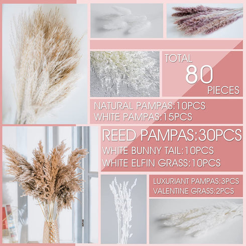 WILD AUTUMN 80PCS Natural Dried Pampas Grass Bouquet,Boho Home Decor Bouquet, Phragmites Dried Flowers,Bouquet for Wedding Floral Arrangements Home Decorations