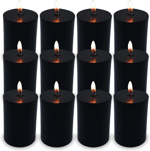 Amusaer Black Pillar Candles 2x3 Inch 12 Packs Unscented Pillar Candles Dripless Soy Candles for Home, Halloween, Party