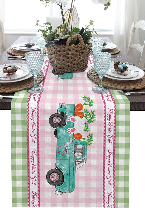 Easter Table Runner Farm Truck Bunny Butt Tail Carrot Table Runner Dresser Scarves,Linen Burlap Table Runners Cloth for April Holiday Dinner Party, Kitchen Dining Farmhouse Buffalo Lattice 13x90inch