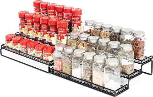 Spice Rack Cabinet Organizer, 3 Tier Expandable Pantry Display Shelf with Protection Railing (Black)