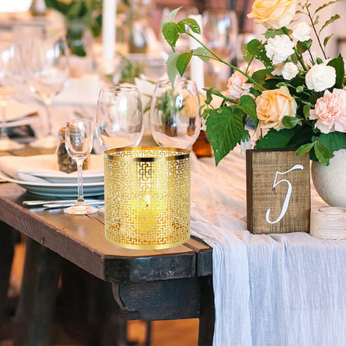 Metal Candle Holders Set of 3 Gold Pillar Candle Holder Tea Light Hurricane Votive Candle Holders for Wedding Decor, Home Decor, Birthday Decor, Party Decor, Window sash Pattern