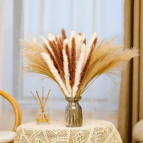 Pampas Grass, 65Pcs Natural Dried Pampas Grass Decor With 20Pcs Cream White Pampas Grass& 20Pcs Brown Pampas&25Pcs Pompous Grass,17.5"Bouquet For Dried Flowers Decor And Flower Arrangements Home Decor