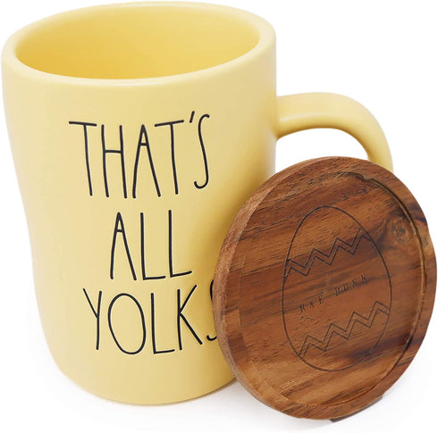 RAE DUNN EASTER COFFEE/TEA MUG THAT™S ALL YOLKS - Artisan Collection By Magenta - Cute All Yellow Mug with Wood Lid/Coaster - Great Easter or Holiday Gift for Your Spring Bunny