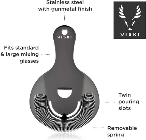 Viski Hawthorne Professional Metal Stainless Steel Cocktail Strainer for Kitchen with Handle | Home bar Tool, Set of 1, Gunmetal Black