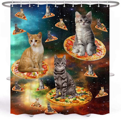 Cat Shower Curtain, Cool Galaxy Hilarious Cats Shower Curtain for Kids Bathroom, Fun Rainbow Pizza Bath Curtain Funny Alien Kitten cat Shower Curtain Set with Hooks Include, (72X72)