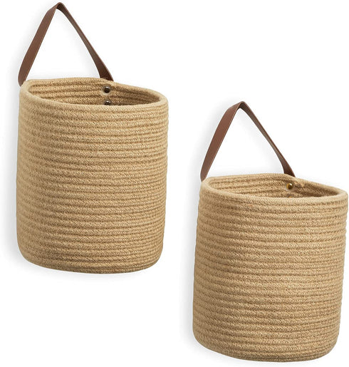 DULLEMELO Small Jute Hanging Baskets 2 Pack 7"(D) x 8"(H), Jute Woven Hanging Storage Basket With Leather Handle, Small Storage Basket for Wall Decor Plants (Jute)