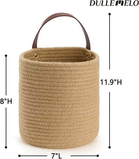 DULLEMELO Small Jute Hanging Baskets 2 Pack 7"(D) x 8"(H), Jute Woven Hanging Storage Basket With Leather Handle, Small Storage Basket for Wall Decor Plants (Jute)