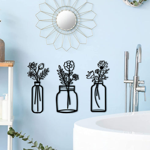Hotop 3 Pieces Metal Vase Flowers Wall Art Flower in Vase Hanging Iron Wall Decoration Vase Flowers Interior Decor Natural Themed Metal Wall Art for Home Indoor and Outdoor Lovers