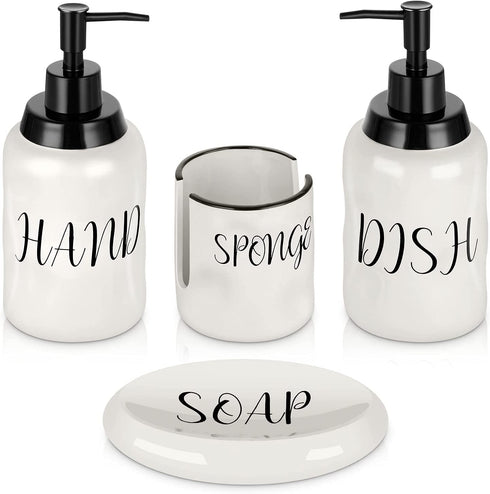 Farmhouse Soap Dispenser Set - Modern Style Ceramic Hand & Dish Liquid Soap Dispenser + Soap Holder + Sponge Holder Perfect for Kitchen and Bathroom Counter Décor