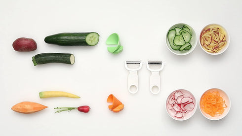 Kuhn Rikon Click-N-Curl Spiralizer Set with Swiss & Julienne Peelers, White/Orange/Green