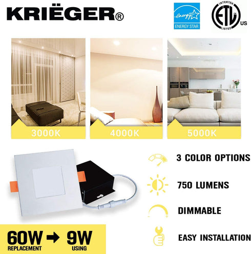 Krieger LED Recessed Ceiling Light Fixture, 4 Inch Ultra-Thin Square with Rounded Back, 3 Color Temperature Options, Dimmable, 750 Lumen, 9 Watt (60W Equivalent), Quick Install - ETL and ES Certified