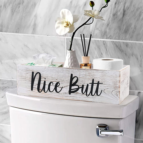 LotFancy Bathroom Decor Box 2 Pack, Hello Sweet Cheeks Nice Butt on 2 Sides, Wooden Back of Toilet Storage Basket, Toilet Paper Organizer for Home D©cor