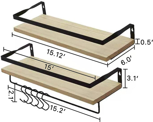 Floating Shelves for Bathroom, Kitchen, Living Room , Wood Wall Mounted Shelf for Storage, Decor, Organize, Set of 2 with 5 Hooks (Natural)