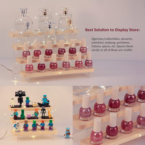 HLZC Figure Display Stand Acrylic Display Riser for Collectibles, Wood Tiered Display Shelf Organizer for Products (B-4Tier-11.8inch)