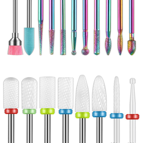 Depvko 19pcs Nail Drill Bits Sets, 3/32 Inch Diamond Cuticle Electric Nail File and Ceramic Acrylic Gel Nail Bit Kit,Nail Art Tools, Carbide Cuticle Remover Bits for Manicure Pedicure, Home Salon