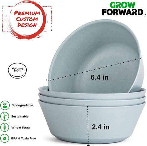 Grow Forward Premium Wheat Straw Dinnerware Sets - 8 Piece Unbreakable Microwave Safe Dishes - Reusable Wheat Straw Plates and Bowls Sets - Wheat Straw Bowls for Cereal, Soup, Camping, RV - Glacier