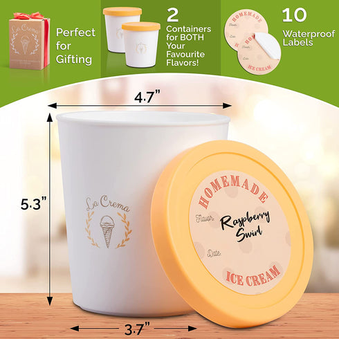Ice Cream Containers (2-Pack-1 Quart each), Containers for Homemade Ice Cream, Gelato and Sorbet-Storage Containers with tight fitting Easy Remove Silicone Lids