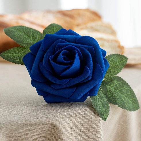 Exoment 25pcs Artificial Flower Foam Rose Real Touch Roses Flower Heads with Stem for DIY Wedding Bouquets Centerpieces Arrangements Party Baby Shower Home Decor (Royal Blue)