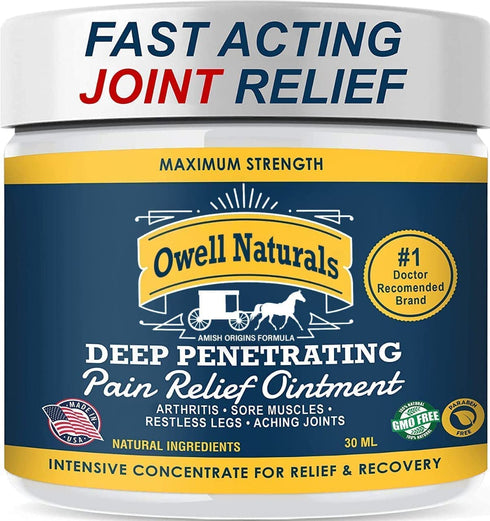 OWELL NATURALS Pain Relief Cream 1oz, Maximum Strength Deep Penetrating Relieving Ointment for Aches, Neuropathy, Arthritis, Joint, Muscle, Back, Knee, Feet, Hand, Ankle, Restless Legs, Shoulder