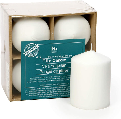 Hosley 3x4 High White Unscented Pillar Candles - Set of 4. Bulk Buy Wax Blend. Ideal for Wedding, Emergency Lanterns, Spa, Aromatherapy, Party, Reiki, Candle Gardens