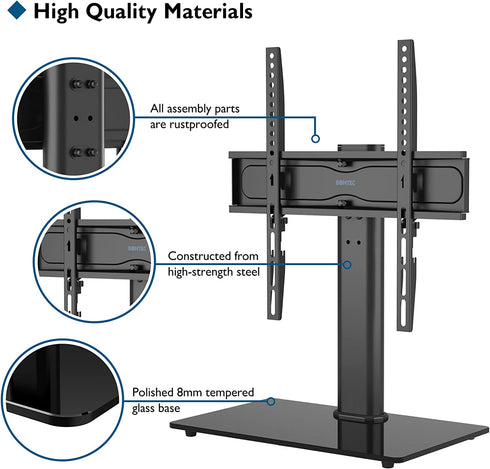 BONTEC Swivel Table Top TV Stand for 26-55 LED OLED LCD Plasma Flat Curved Screens Height Adjustable Glass Base Max, VESA 400x400mm up to 99lbs