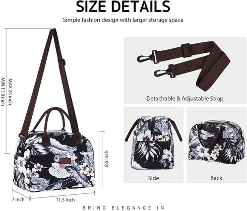 Syntus Insulated Lunch Bag for Women and Men Large Lunch Box with Pockets & Detachable Shoulder Strap for Work Picnic Travel Lunch Container (Black Lily)