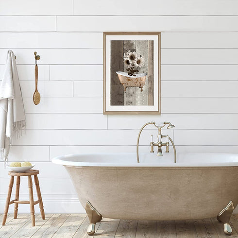 Rustic Farmhouse Sunflowers Wall Art Bathroom Wall Art Modern Flower Bathtube Artwork Rustic Wood Board Background Contemporary Wall Art Decor For Bedroom Living Room 16X24 inch Frameless
