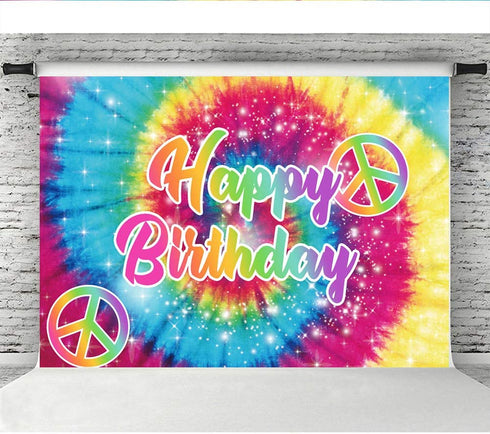 Lofaris Tie-Dye Birthday Party Photography Backdrop 60's Hippie Theme Happy Birthday Background Groovy Sign Rainbow Birthday Decorations Cake Table Banner Photo Booth Props 7x5ft