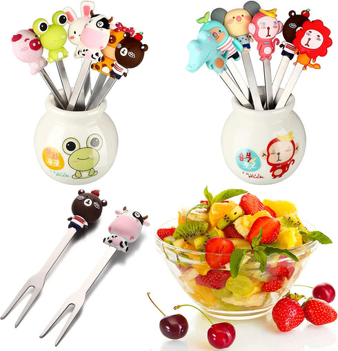 12 Pcs Fruit Picks for Kids 2 Sets Fruit fork Kids Toothpicks for Food Stainless Steel Bento Picks Cute Cartoon Animal Fruit Forks with Silicone Handles and Ceramic Storage Jars for kids (Cute Style)