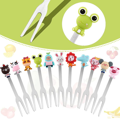 12 Pcs Fruit Picks for Kids 2 Sets Fruit fork Kids Toothpicks for Food Stainless Steel Bento Picks Cute Cartoon Animal Fruit Forks with Silicone Handles and Ceramic Storage Jars for kids (Cute Style)