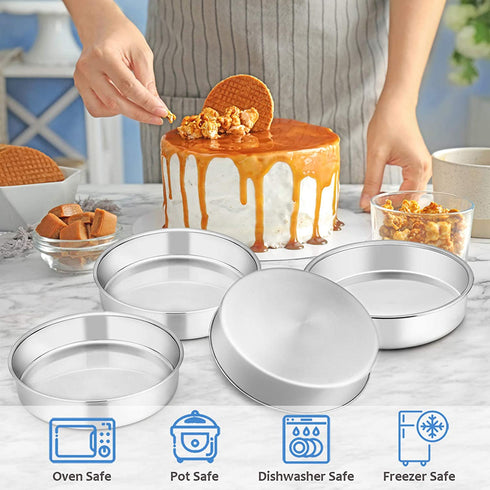 8 Inch Cake Pan Set of 4, E-far Stainless Steel Round Layer Cake Baking Pans, Non-Toxic & Healthy, Mirror Finish & Dishwasher Safe