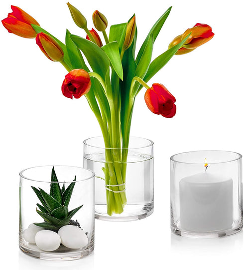 Set of 3 Glass Cylinder Vases 4 Inch Tall - Multi-use: Pillar Candle, Floating Candles Holders or Flower Vase Perfect as a Wedding Centerpieces.