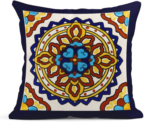 Semtomn Set of 4 Linen Throw Pillow Covers Spanish Talavera Exotic Geometry Dark Retro Ethnic Home Decorative 20"x20" Flax Pillow Cases Cushion Square Pillowcases