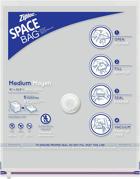 Ziploc Space Clothes Vacuum Sealer Storage Home and Closet Organization, M/L/XL, 3 Bags Total, Clear, 3 Count