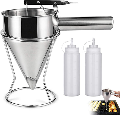 Pancake Batter Dispenser, Stainless Steel Stirring Batter Separator Funnels with Handle & Rack (2pcs Ketchup Squeeze Bottle)