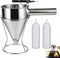Pancake Batter Dispenser, Stainless Steel Stirring Batter Separator Funnels with Handle & Rack (2pcs Ketchup Squeeze Bottle)