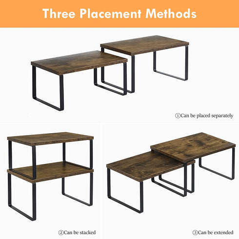 HAITRAL Set of 2 Cabinet Shelf Organizer, Wooden Kitchen Cabinet and Counter Shelf Organizer, Stackable & Expandable Kitchen Shelves Racks for Bathroom, Kitchen, Laundry Room, Rustic Brown/Black