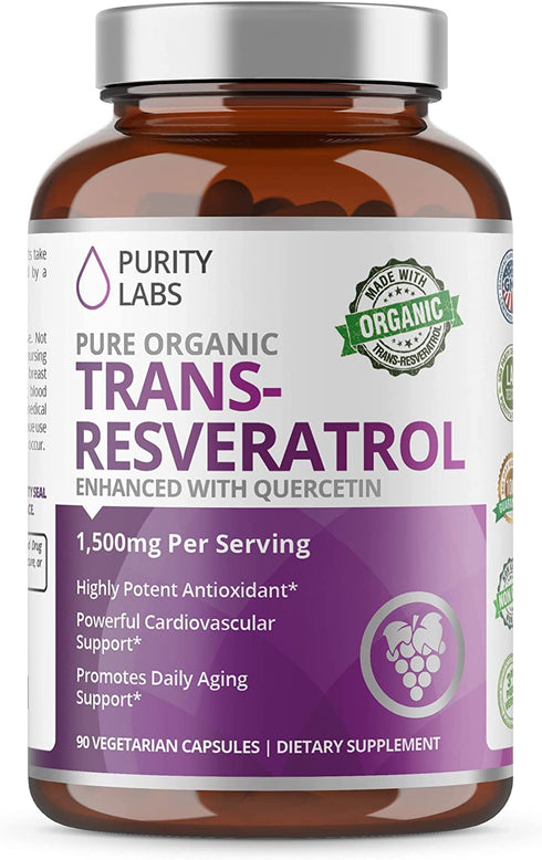 Purity Labs Pure Organic Trans-Resveratrol - Vegan Supplements for Heart, Skin, Hair, Nails - Anti Aging Antioxidant Supplement - 90 Capsules