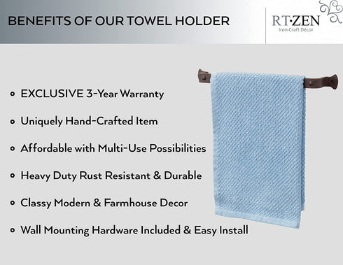RTZEN Farmhouse Hand Towel Rack for Bathroom - Handcrafted Wrought Iron Kitchen Towel Bar Straight Wall Mount Rod - Matte Black Towel Hanger for Home or Office - 12" Rack Fits 10" Towels (Small)