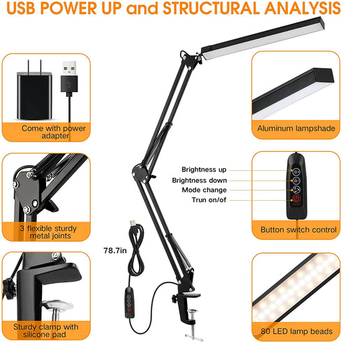 LED Desk Lamp, ENOCH 14W Eye-Caring Metal Swing Arm Desk Lamp with Clamp, 3 Modes, 30 Brightness Dimmable Clamp Desk Light with Memory Function/USB Adapter, Architect Table Desk Lamps for Home Office