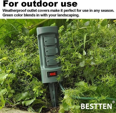 BESTTEN Outdoor Power Strip with Covers and Overload Protection Switch, Double Sided 6-Outlet Yard Power Stake with 9-Foot Long Extension Cord, ETL Certified, Green