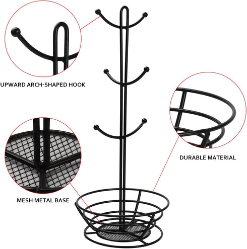 Coffee Pod Holder with Mug Rack, Black Metal K-Cups Pods Storage Organizer for Coffee Capsule with Mugs Tree for 6 Cups