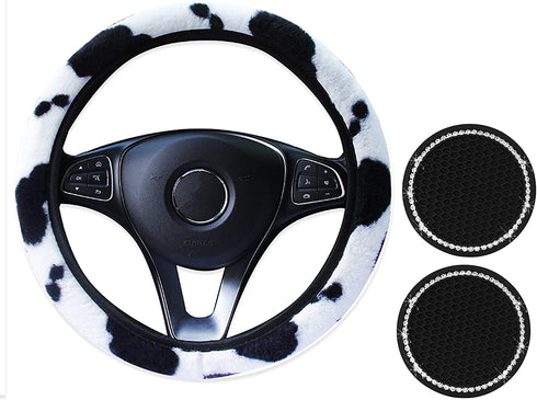 Fuzzy Car Steering Wheel Cover for Women, Cute Cow Print Fluffy Steering Wheel Covers, Universal 15 Inches, Girly Car Accessories with 2 Pack Car Coasters for Cup Holders