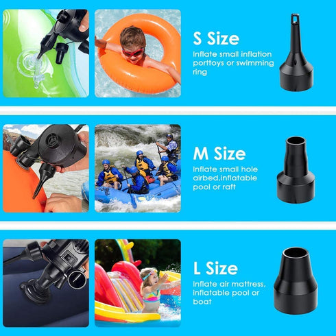 Electric Air Pump, Portable Quick-Fill Air Pump with 3 Nozzles, 110V AC/12V DC, Inflator/Deflator Pumps for Outdoor Camping, Inflatable Cushions, Air Mattress Beds, Boats, Swimming Ring and Toy Raft