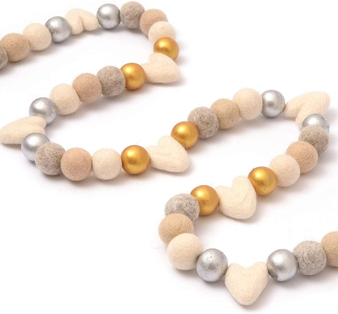 Glaciart One Valentine Felt Ball Garland - Handmade in Nepal Using New Zealand Wool - Reusable, Durable, Stylish & Versatile - Easy to Hang & Maintain Gold, Silver & Neutral Colors Set - 9ft