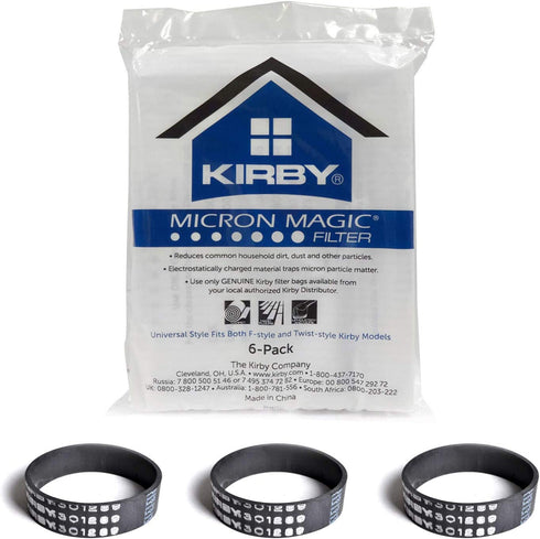 Genuine Kirby Universal Bags: 1 Pack (6 bags) of Universal HEPA White Cloth Bags Kirby Part 204811 and 3 Kirby Belts Part 301291