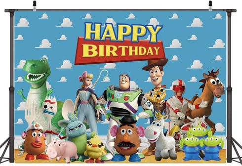 7x5ft Toy Story Theme Happy Birthday Party Photography Backdrops Blue Sky White Clouds Indoor Banner Kids Birthday Party Photo Background Cake Table Decoration Supplies Studio Booth Props