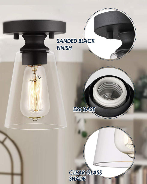 Cone Flush Mount Ceiling Light, HANASS 1-Light Black Ceiling Light Fixture, Farmhouse Light Fixture with Clear Glass Shade for Bedroom Hallway Dining Room Bathroom Corridor, MX99987-1