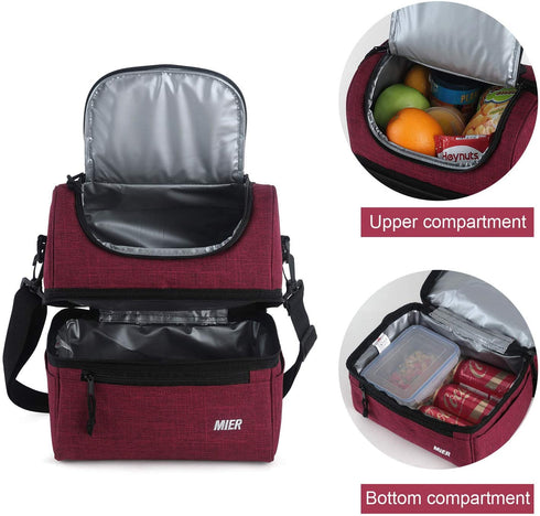 MIER Adult Lunch Box Insulated Lunch Bag Large Cooler Tote Bag for Men, Women, Double Deck Cooler (Dark Red, Large)
