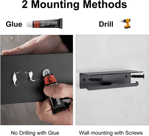 Toilet Paper Holder with Shelf,DUFU Double Toilet Paper Holder with Shelf for Bathroom, Anti-Rust Aluminum Self-Adhesive No Drill or Wall-Mounted with Screws for Bathroom (Matte Black)